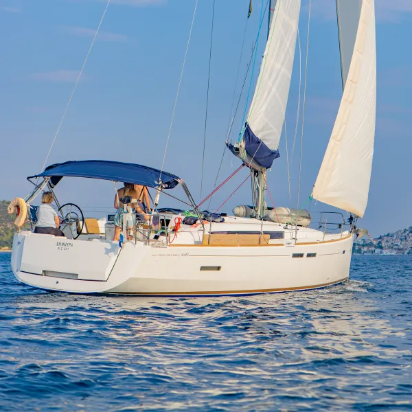 Sun Odyssey 449 sailing in the Saronic Gulf near Poros