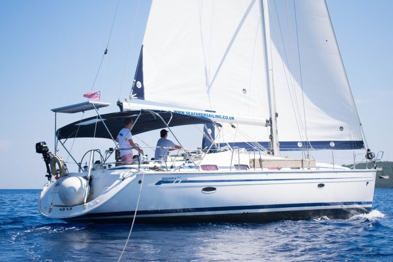 Guests and their skipper at the helm of a charter yacht