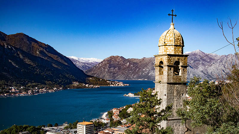 View of the fjord of Kotor with church