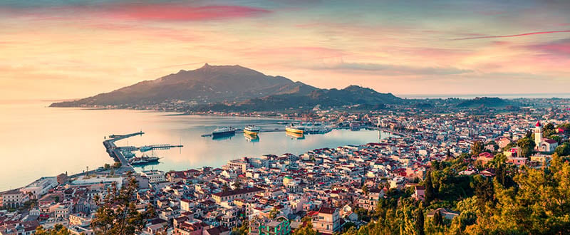 Zakynthos Town and its harbour at sunset
