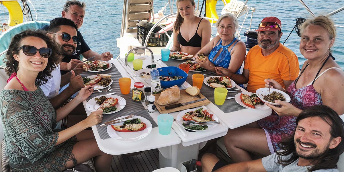 Yacht crew eating Cyclades