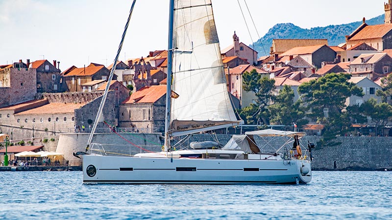 A Dufour 412 Grand Large moored below an old town