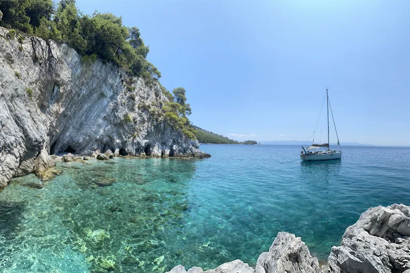 Yacht in beautigul bay Sporades Islands