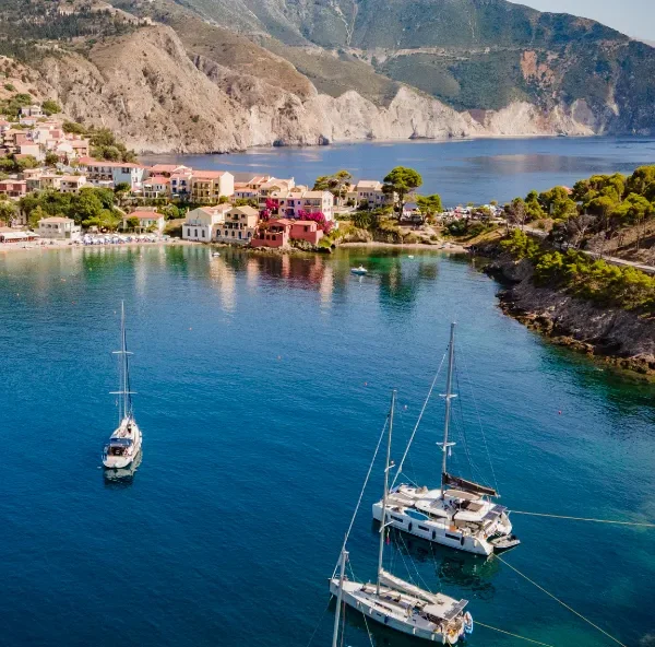 Assos village and its fortress peninsula on the west coast of Kefalonia