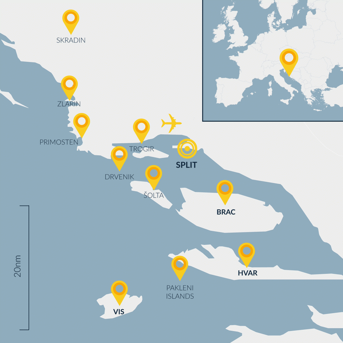 Map of the sailing area around Split