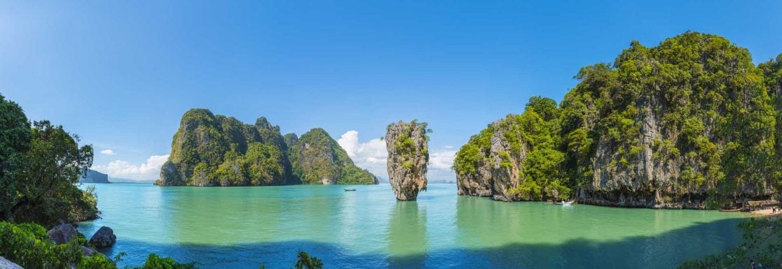 Limestone islands rising from the sea in Phang Nga Bay, Thailand