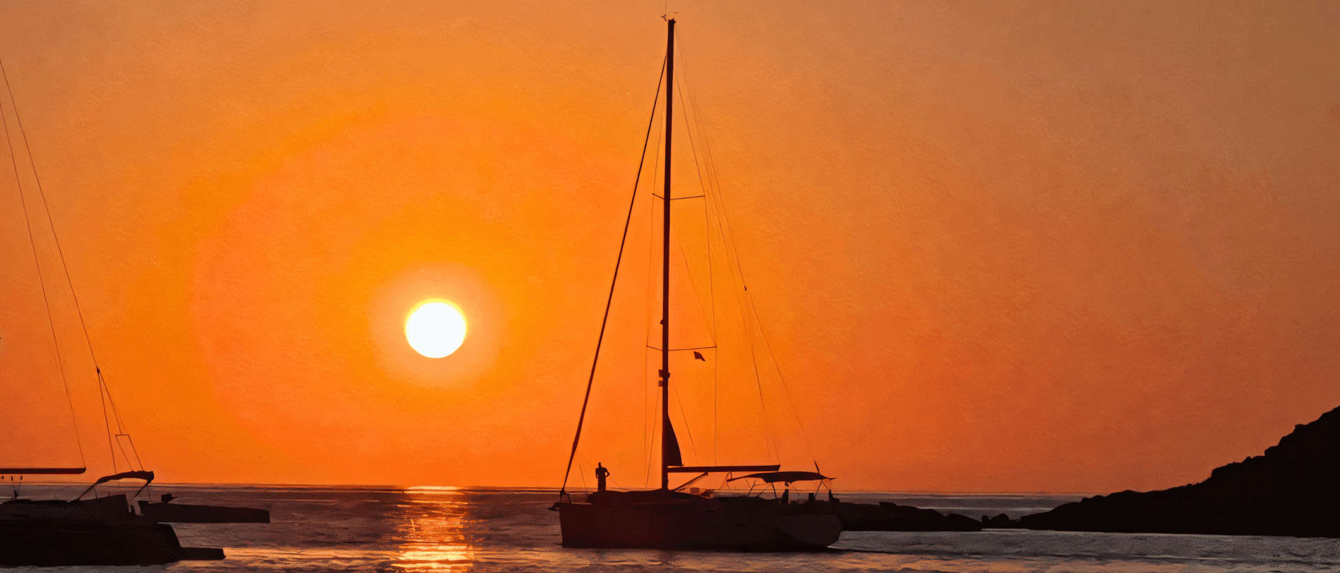 A serene sunset with a yacht silhouetted against the glowing orange sky, reflecting on calm seas during a flotilla sailing holiday.