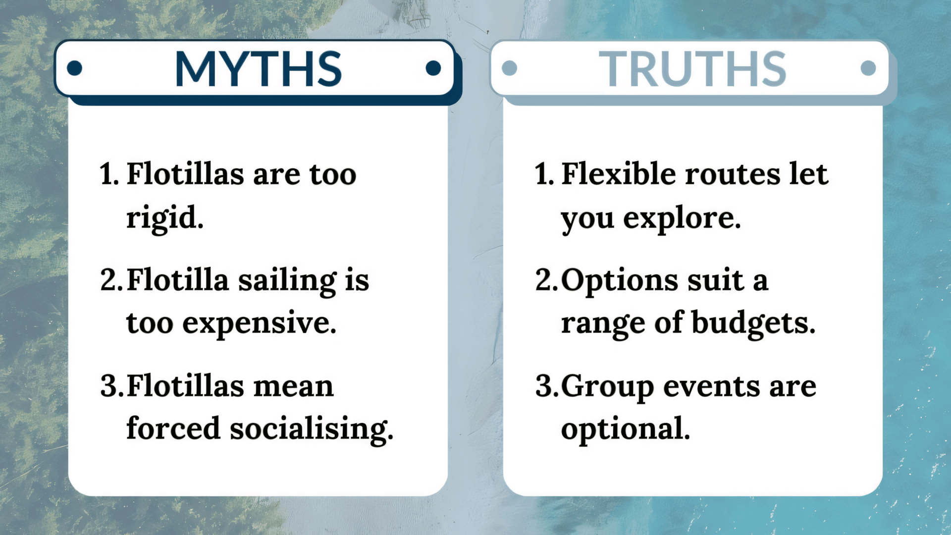 A comparison table debunking myths about flotilla sailing with truths, set against a scenic aerial view of turquoise waters and a sandy shoreline.