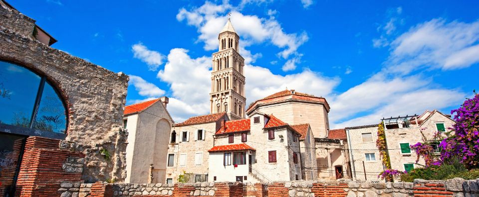 Diocletian’s Palace in Split, a UNESCO World Heritage Site surrounded by ancient stone buildings and vibrant skies.