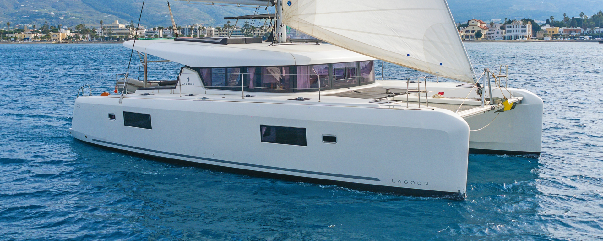 A Lagoon 42 catamaran under sail