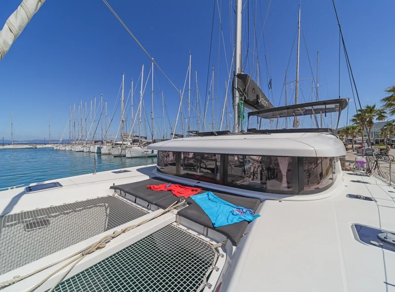 The foredeck and trampoline of a Lagoon 42 catamaran