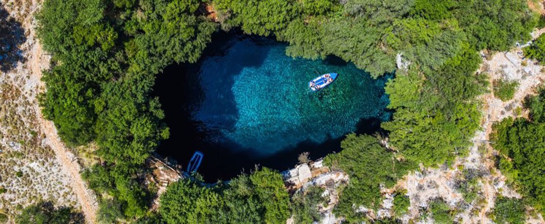 Aerial view of the Melissani Cave lake on Kefalonia