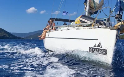 Seafarer yacht sailing in Greece with guests enjoying the open water