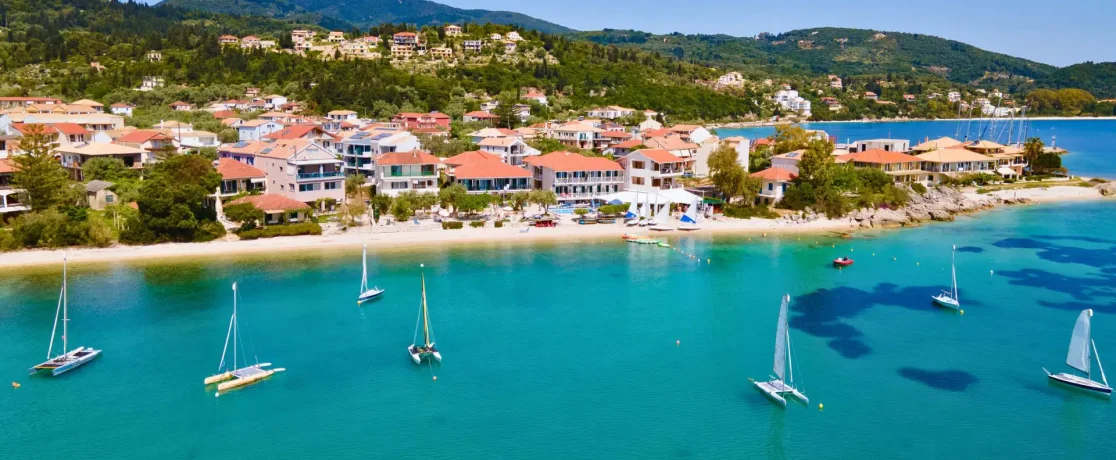 Nikiana Beach Club and the village of Nikiana on Lefkas, from the air