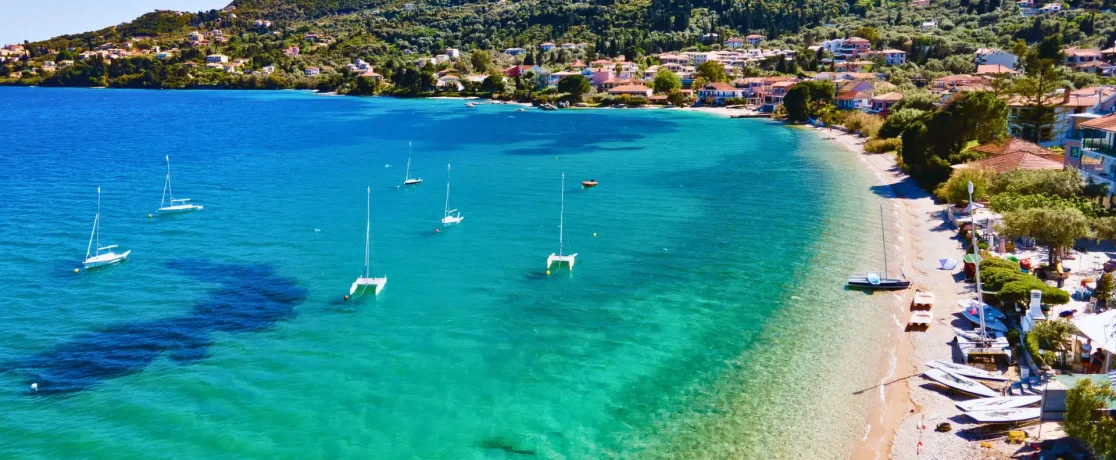 Nikiana Beach Club and its bay on Lefkas