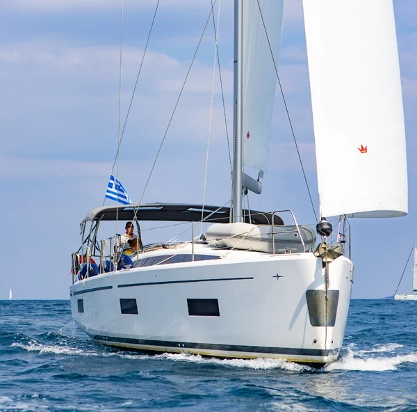 A Bavaria C42 under sail in the Sporades