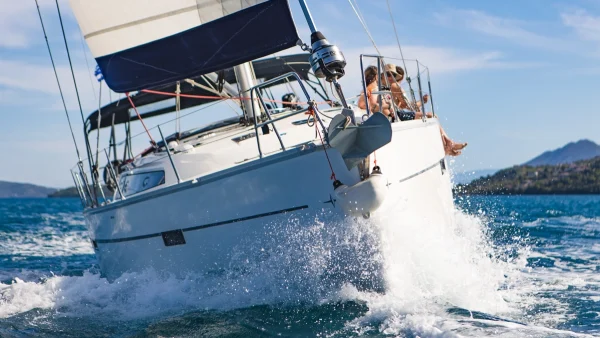 Seafarer yacht sailing at speed in the Ionian