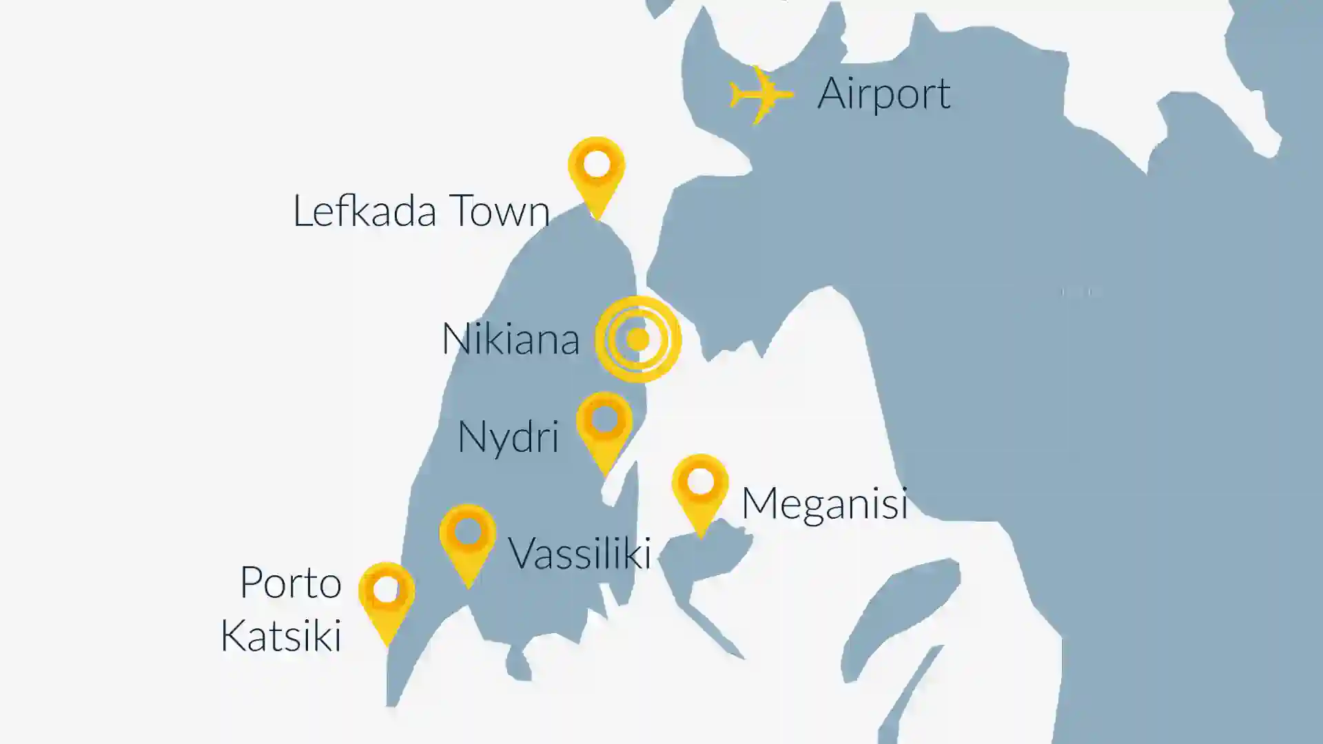 Map showing the location of Nikiana Beach Club and nearby sailing destinations in Lefkada, Greece – Seafarer Sailing holidays