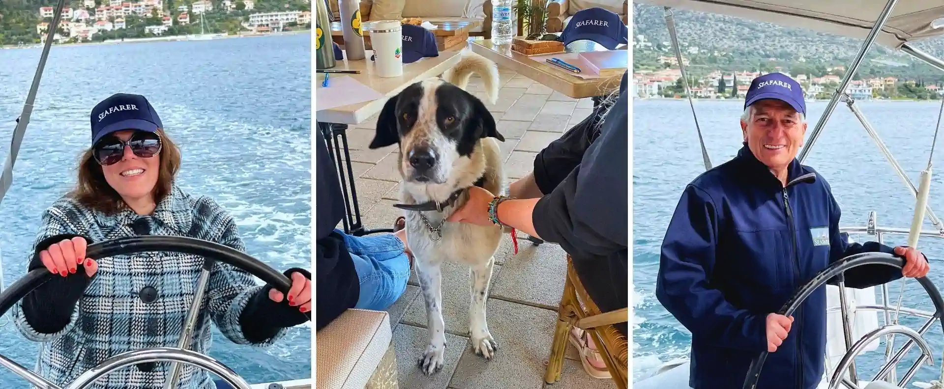 Olia Tsopela-George at the helm, local dog, and Chris Lorenzo steering during Seafarer Crew Training 2025