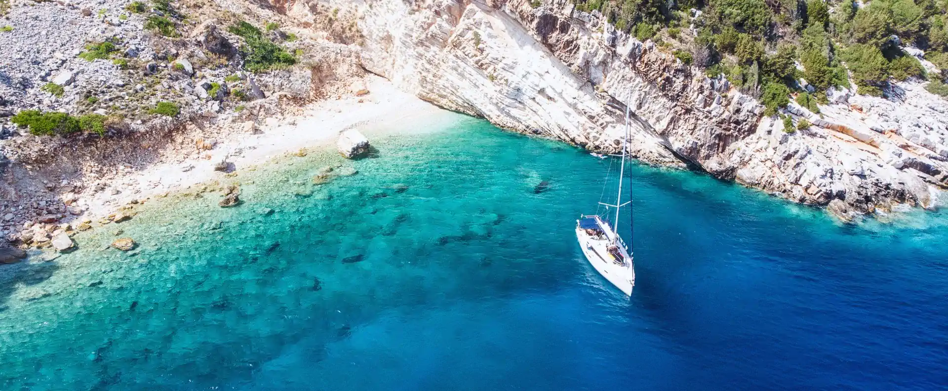 ailing blogs greek island coast yacht anchoring A white sailing yacht anchored near a rocky Greek island coast with clear turquoise water.