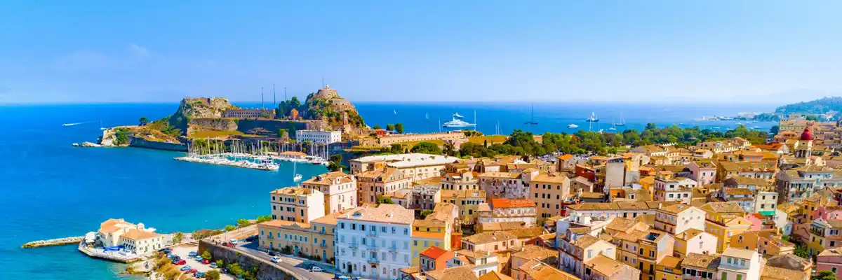 Corfu Town’s old fortress and colourful Venetian-era houses above the harbour