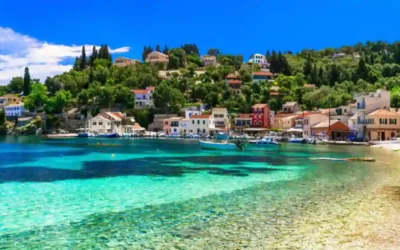 Paxos Lakka harbour with clear water and small boats, Ionian Greece