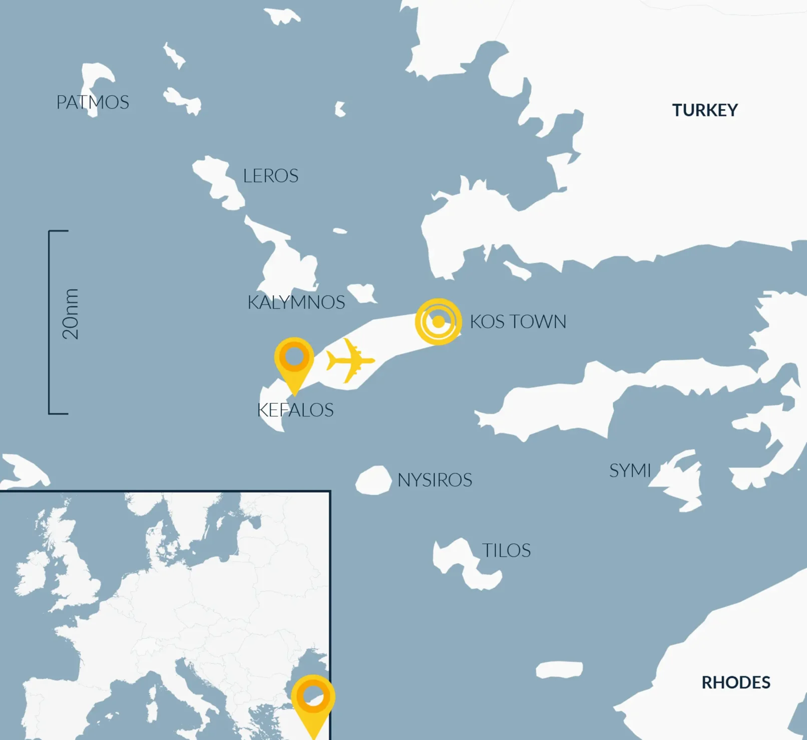 Map of Kos showing Kefalos, Kefalos Windsurfing, the airport and Kos Town