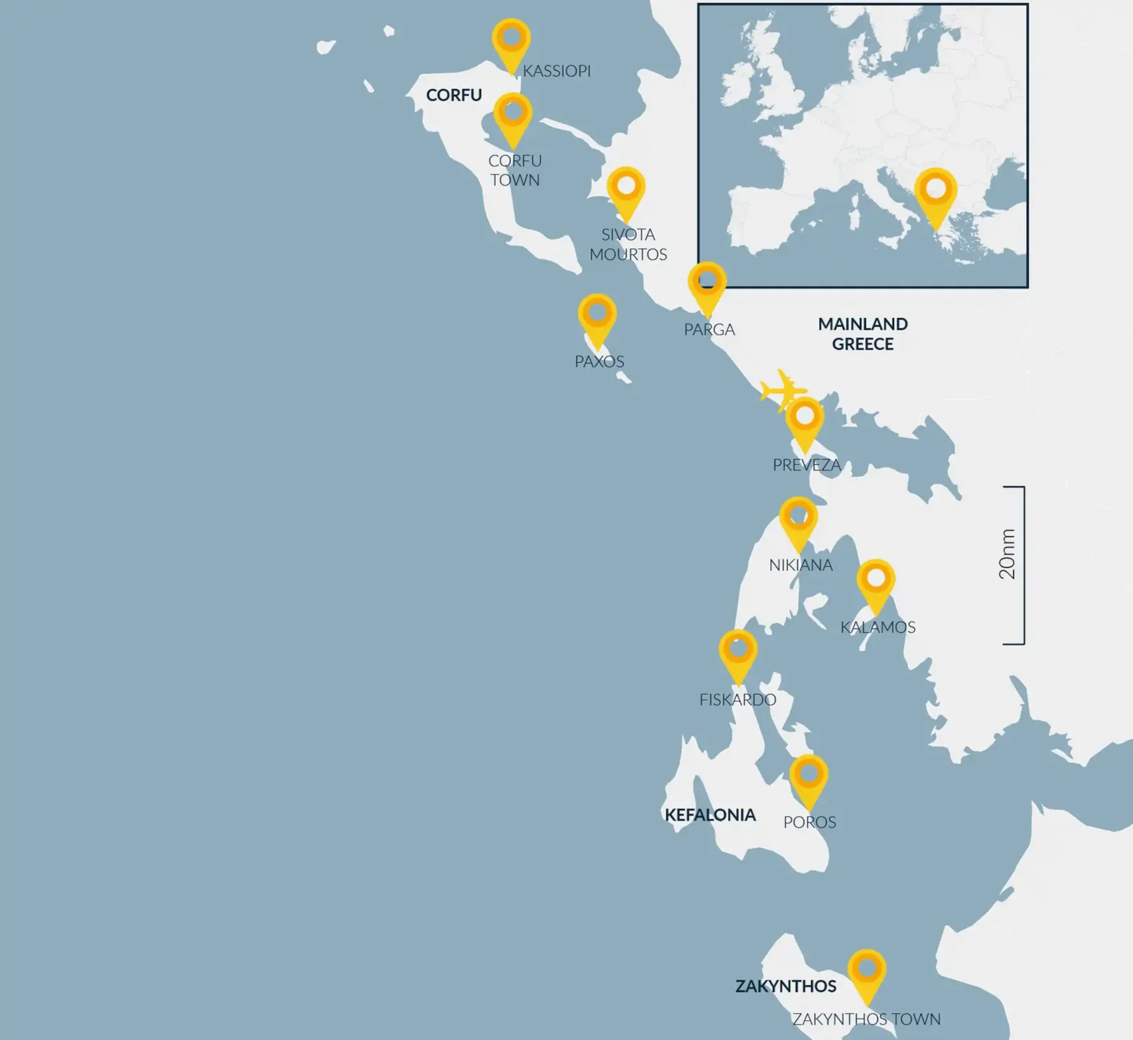 Map of the Ionian islands from Corfu to Zakynthos, showing places on the AHOY routes
