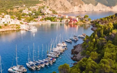 Charity auction holiday in Kefalonia showing yachts moored in a sheltered Greek bay