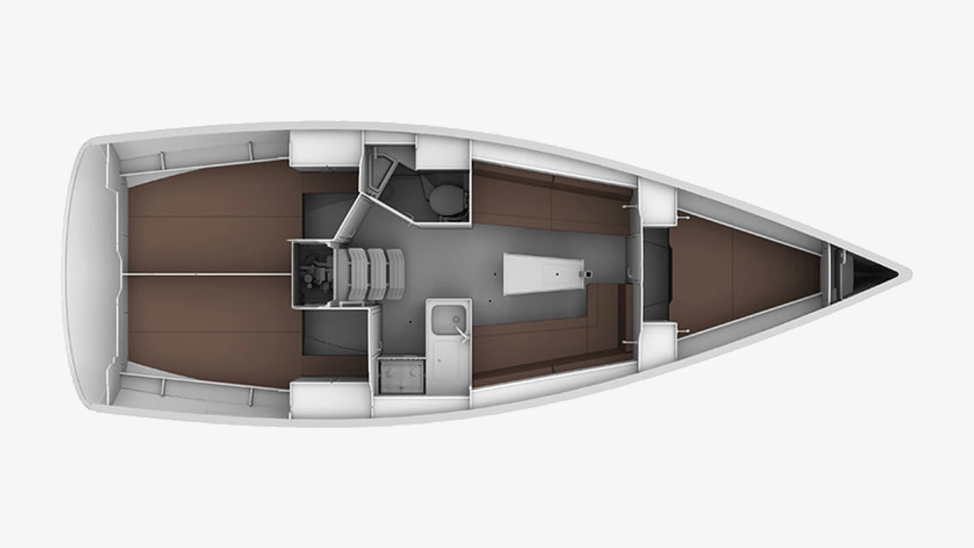 Bavaria 34 layout plan with two aft double cabins, heads, galley, saloon and a forward double cabin