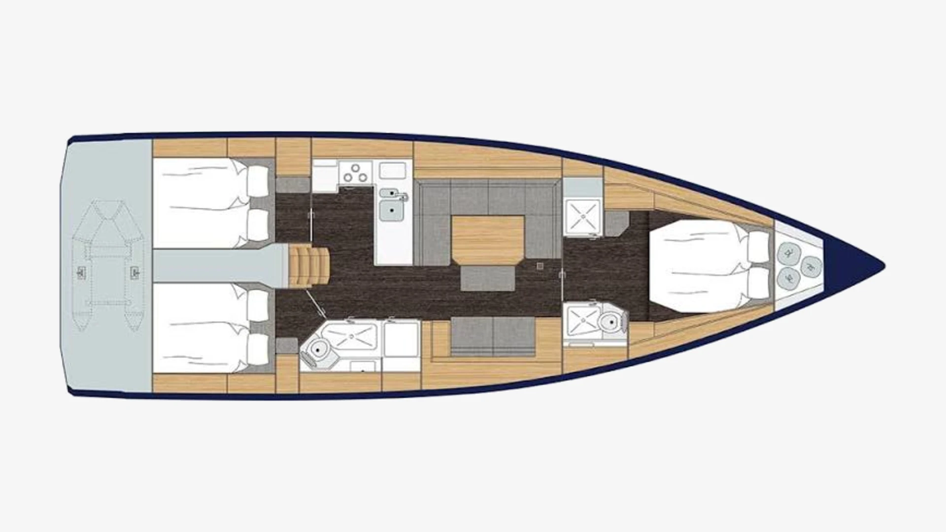 Bavaria C45 layout plan with two aft double cabins, two heads, a galley, saloon and a forward double cabin