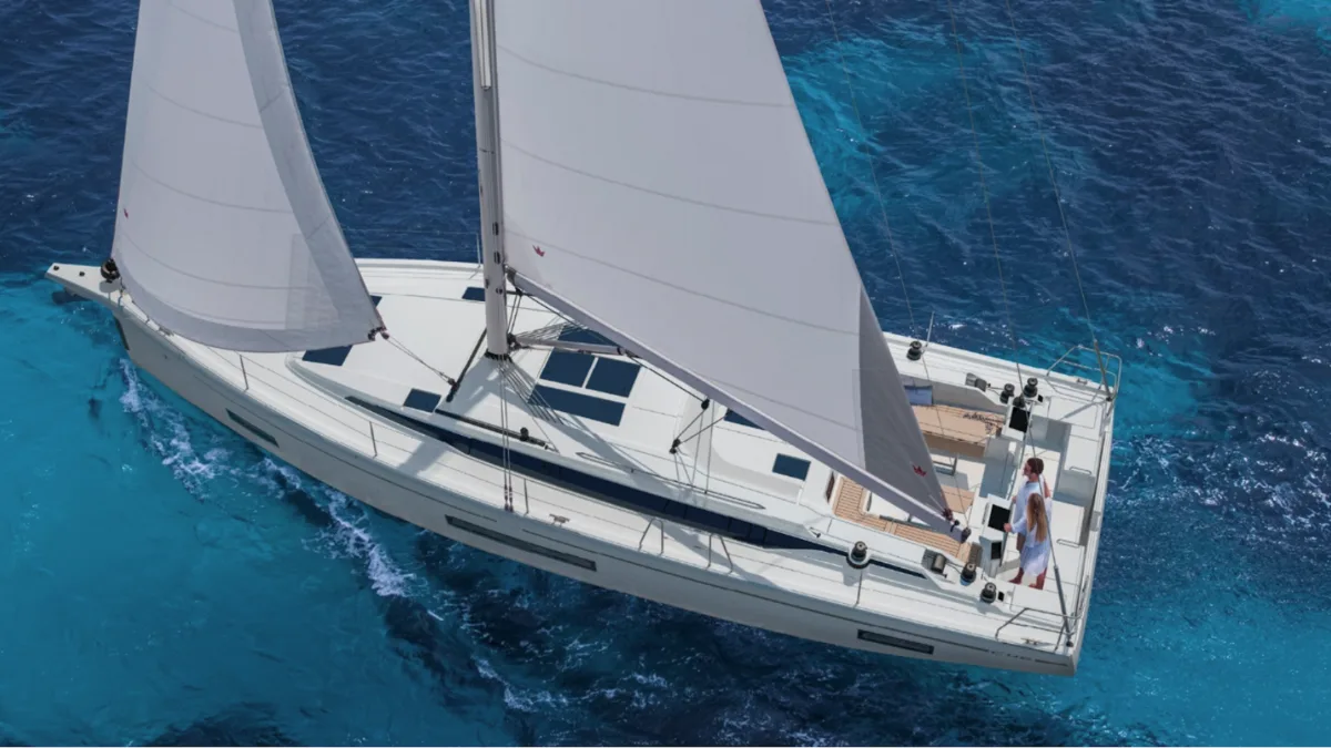 A Bavaria C46 under sail, seen from above