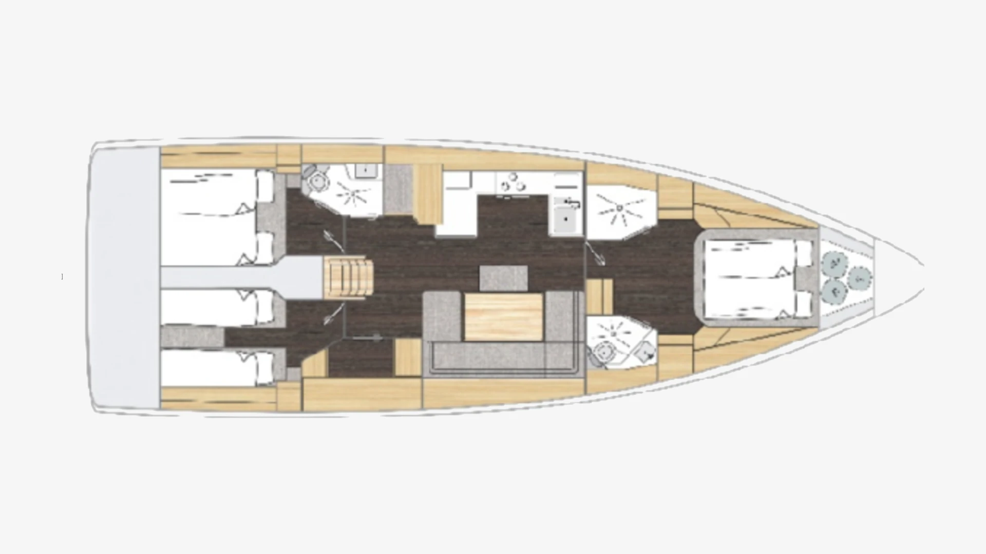 Bavaria C46 layout plan with two aft double cabins, three heads, a galley, saloon and a forward double cabin