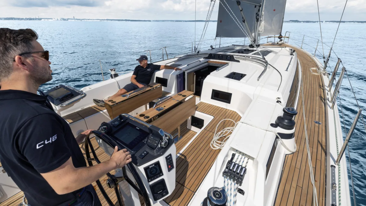 At the helm of a Bavaria C46