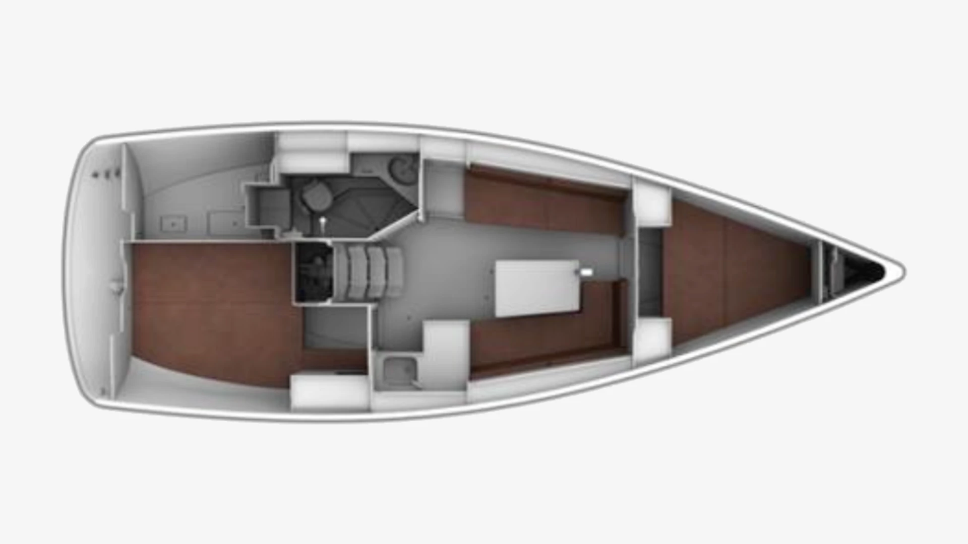 Bavaria Easy 9.7 layout plan with an aft double cabin, heads, galley, saloon and a forward double cabin