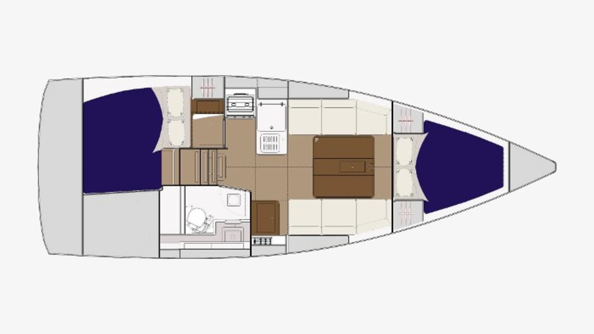 Dufour 310 Grand Large layout plan with an aft double cabin, heads, galley, saloon and a forward double cabin