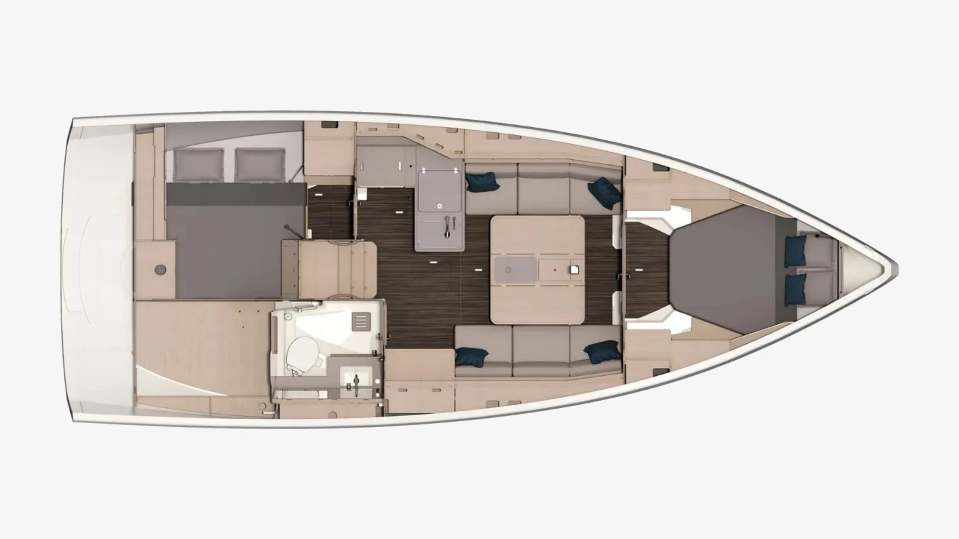 Dufour 37 two-cabin layout plan with an aft double cabin, heads, galley, saloon and a forward double cabin