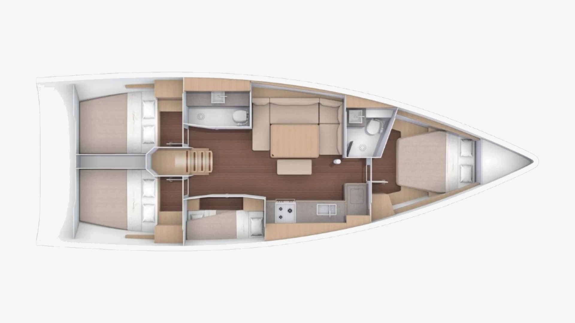 Dufour 430 Grand Large layout plan with two aft double cabins, two heads, galley, saloon and two forward double cabins