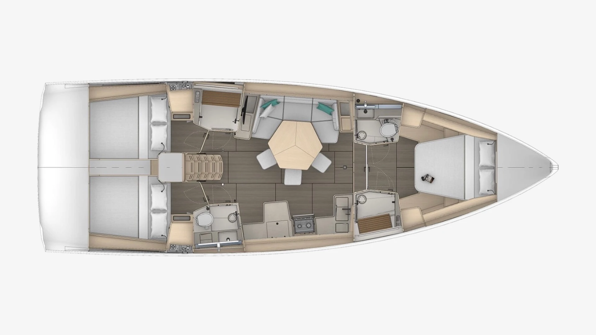 Dufour 44 layout plan with two aft double cabins, three heads, galley, saloon and a forward double cabin