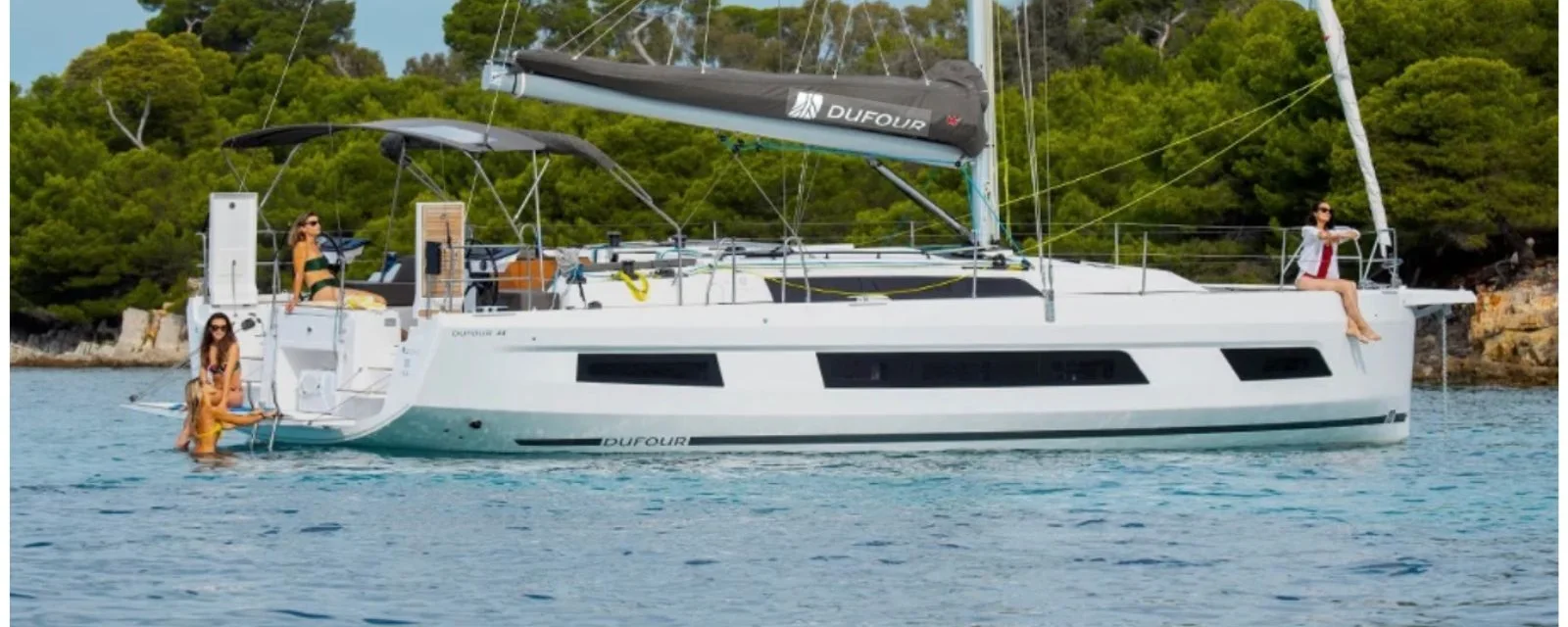 A Dufour 44 at anchor in a sheltered bay