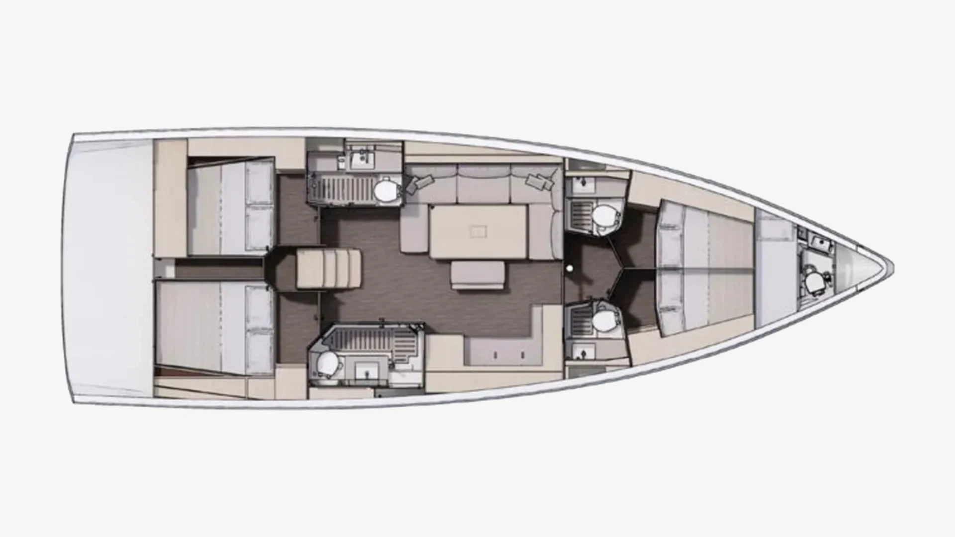 Dufour 470 layout plan with two aft double cabins, four heads, galley, saloon and two forward double cabins