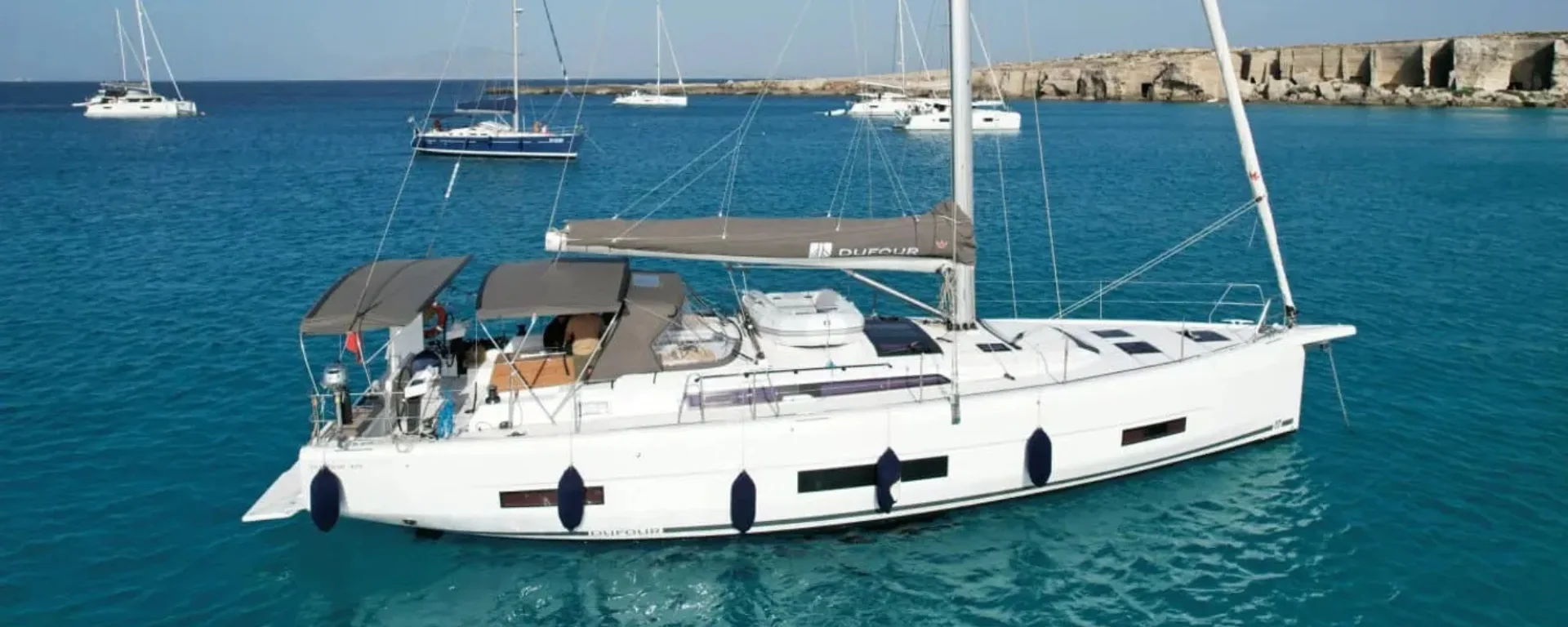 A Dufour 470 at anchor in clear turquoise water