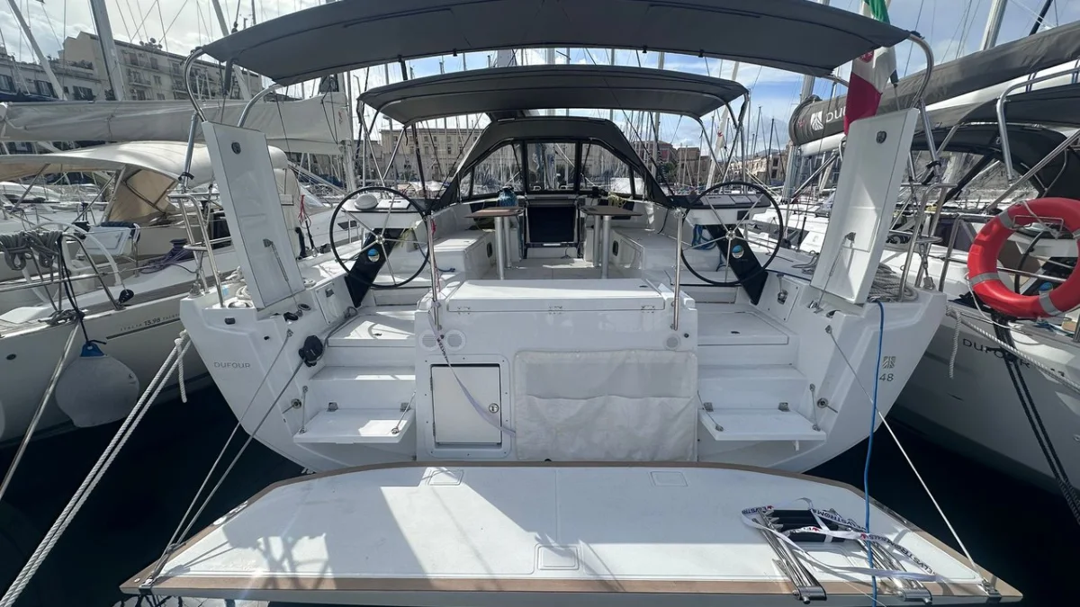 The cockpit and stern of a Dufour 48