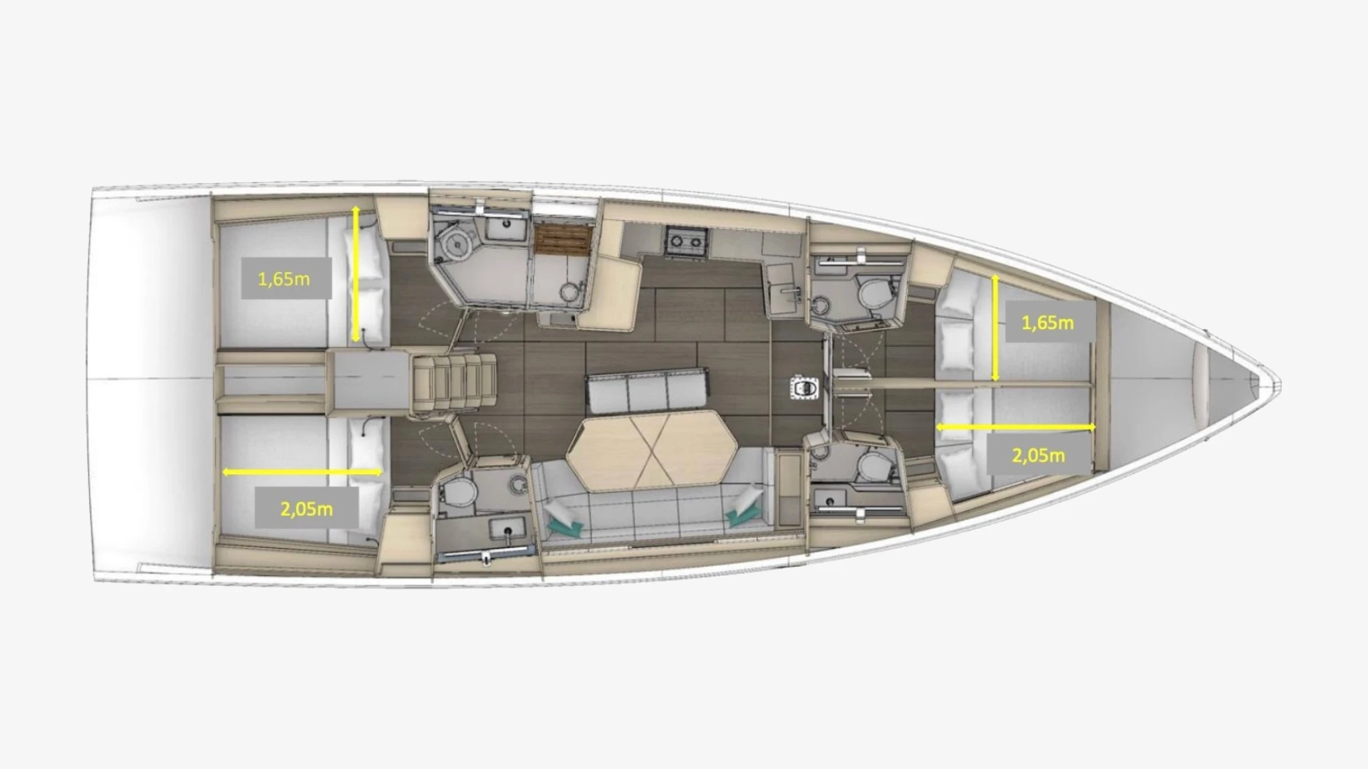 Dufour 48 layout plan with two aft double cabins, four heads, galley, saloon and two forward double cabins