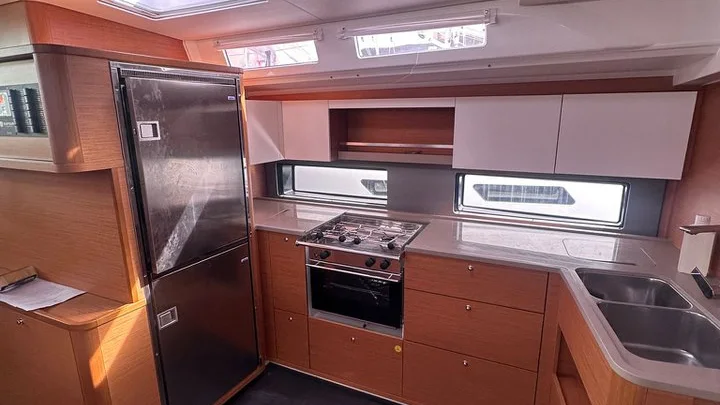 The saloon and galley of a Dufour 48