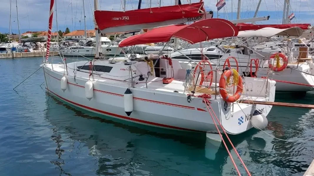 An Elan 350 Performance moored in a marina
