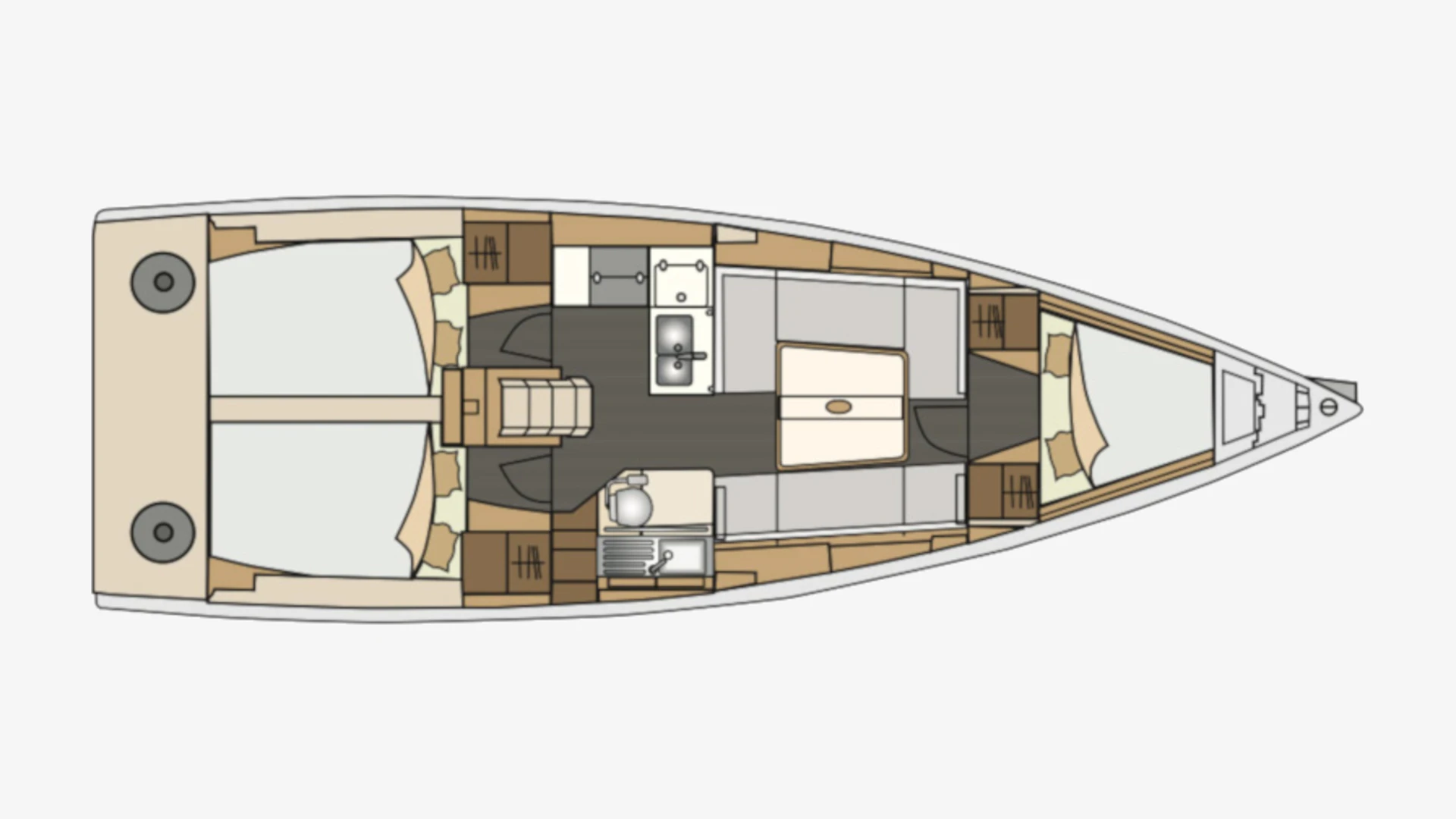 Elan 350 layout plan with two aft double cabins, heads, galley, saloon and a forward double cabin