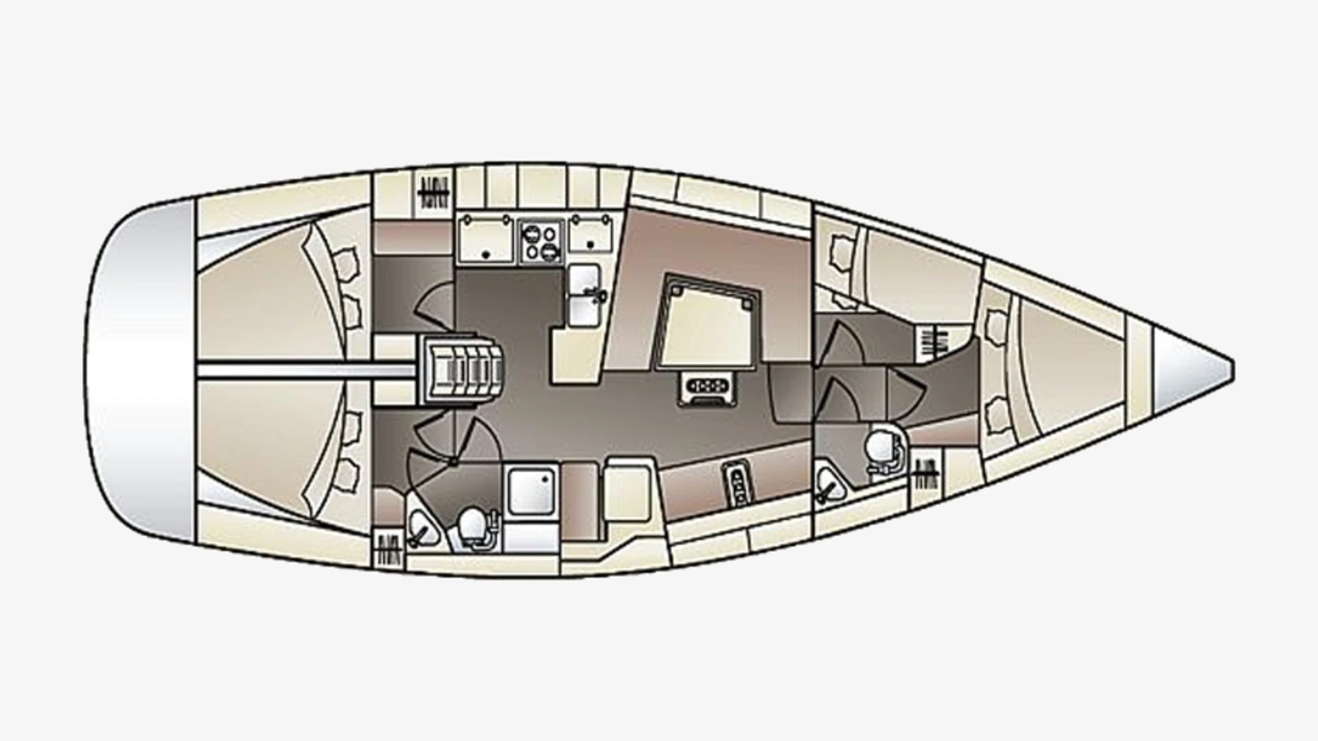Elan 444 Impression layout plan with two aft double cabins, a bunk cabin, two heads, a galley, saloon and a forward double cabin