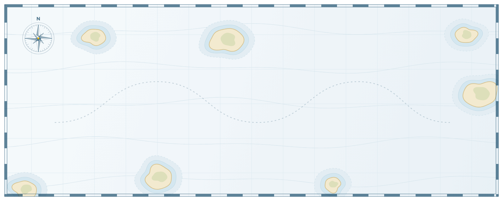 Animated chart of a flotilla holiday: a yacht sails the route from meeting your crew, setting sail and expert navigation to community activities and hidden coves