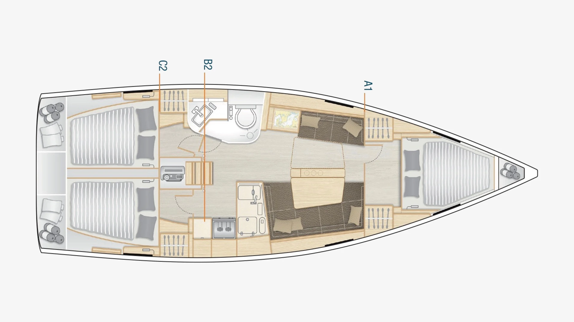 Hanse 388 layout plan with two aft double cabins, heads, galley, saloon and a forward double cabin